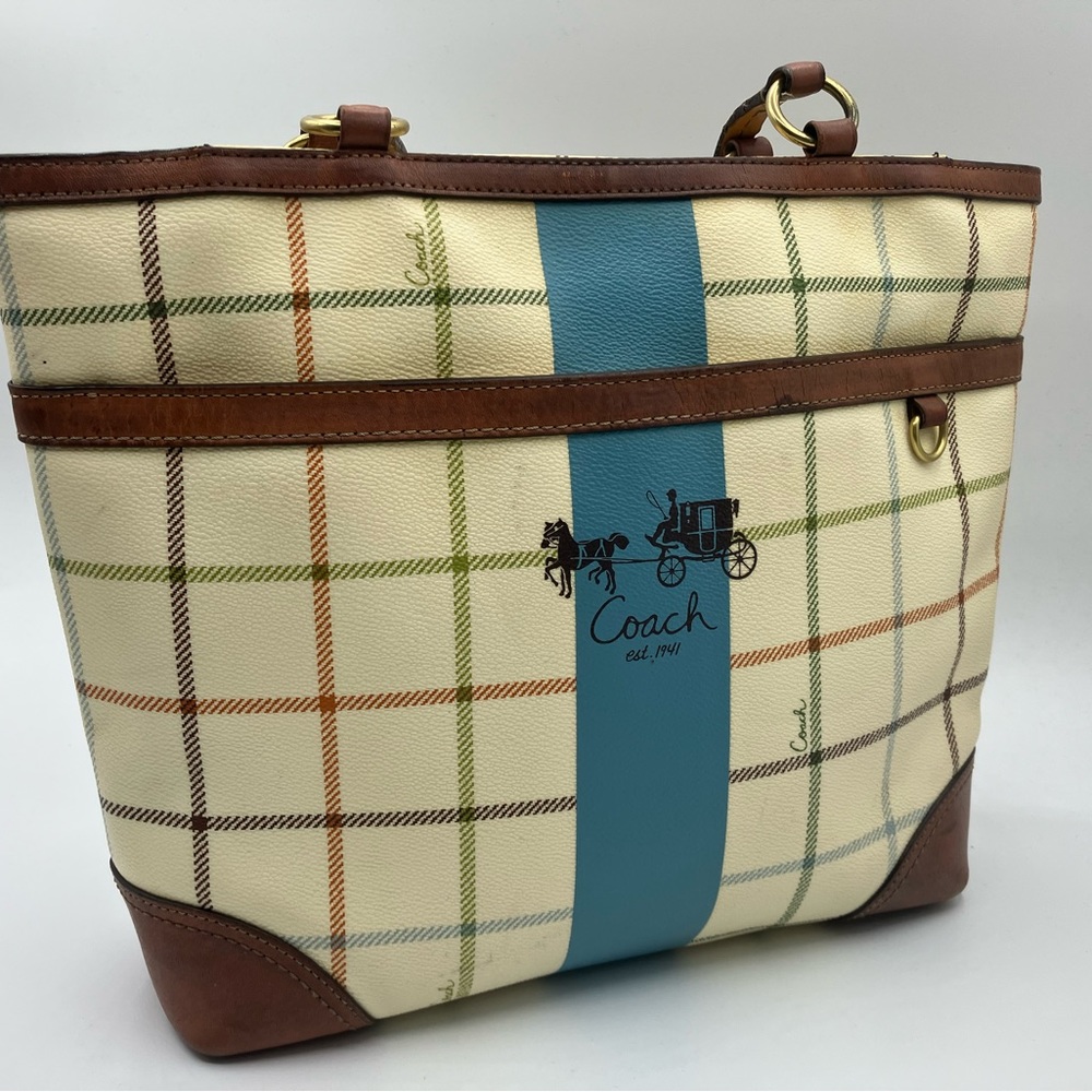 Coach Heritage Stripe Tattersall Medium Tote